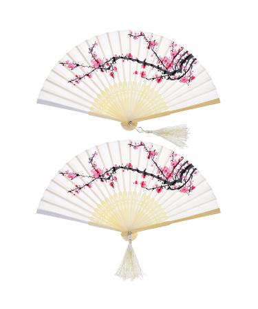 2 pieces folding fans hand fans bamboo fans with tassel women hollowed out bamboo hand hold fans for wall decoration gifts (white cherry) traditional