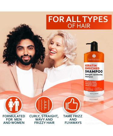 BELLISSO Keratin Enriched Shampoo - Sulfate and Paraben Free - Anti Frizz Treatment for Women and Men - Salon Repair with Silk Protein - For Dry, Frizzy, Damaged, and Color Treated Hair - Buy Online on SooperMarket.com