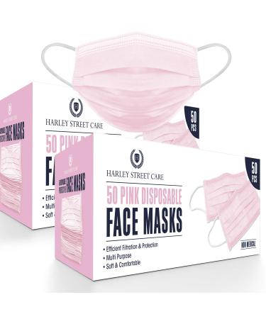 Harley Street Care Disposable Pink Face Masks Protective 3 Ply Breathable Triple Layer Mouth Cover with Elastic Earloops (Pack of 2500)
