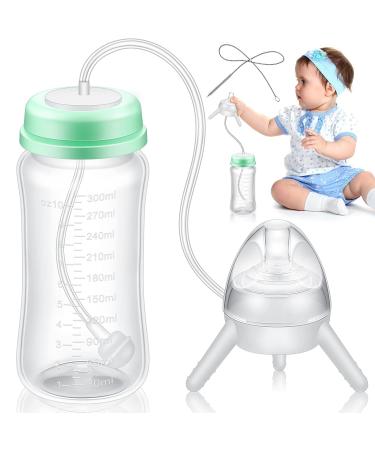 Nuanchu 10 Ounce Self Feeding Baby Bottle with Long Tube Straw Cute Leak-Proof Baby Feeder Bottle Imitation Milk Weaning Baby Supply (Mint Green)