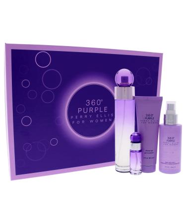 Perry Ellis 360 Purple Women 3.4oz EDP Spray 7.5ml EDP Mini Spray 4oz Body Mist 3oz Shower Gel 4 Pc Gift Set