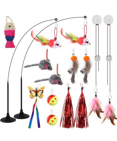 QUOZUO 2 Packs interactive cat toys with Super Suction Cup 14 pcs Replacements Feathers Balls Mice 2 Packs Wand Hanging Door flying cat toys for indoor cats Cat Spring Toy Kitten Toys