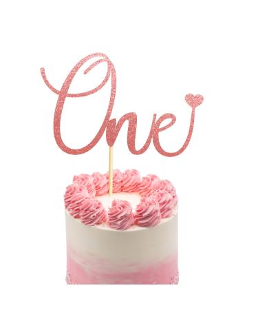 Arthsdite One Cake Topper with Heart Baby First Birthday Cake Decorations for Baby Shower Boys Girls Kids 1st Birthday Party Decorations Supplies - Rose Gold Glitter