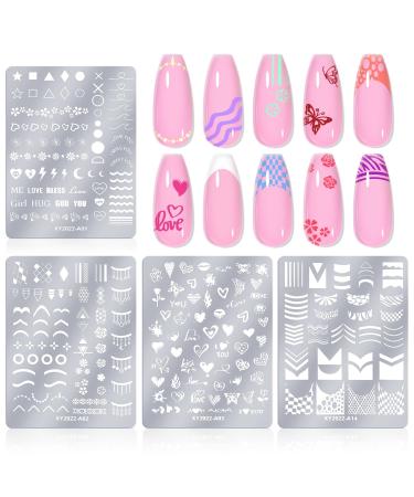 Saviland French Tip Nail Stamp 4 pieces of nail art stamp panels with French lines wave strips hearts stars natural patterns and reusable stainless steel manicure template B-4PCs Nail Art Stamping Kit