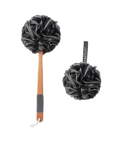 AmazerBath Shower Sponge Loofah Back Scrubber, PE Soft Mesh Loofah Body Scrubber with Long Wooden Handle, Bath Sponge for Men Women (Black)
