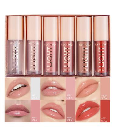BANGFENG 6PCS Lip Oil Light Lipgloss Set  Moisturizing Hydrating Lip Glow Oil Lip Gloss Kit High Shine Lip Plumping Glass Finish Lip Gloss Liquid Lipstick for Women (Set A)