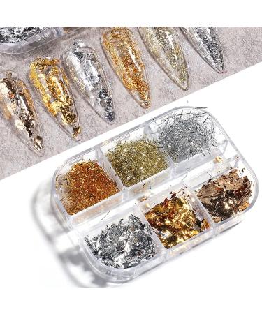 Eseres 3D Sparking Gold Flakes Nail Foil - 6 Grids Metallic Glitter for Nail Art Design in Gold & Silver - Buy Online on SooperMarket.com