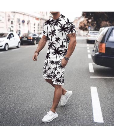 Men's 2-Piece Summer Outfit Set | Beach Shorts & Printed Shirt | White-8 Large - Buy Online on SooperMarket.com