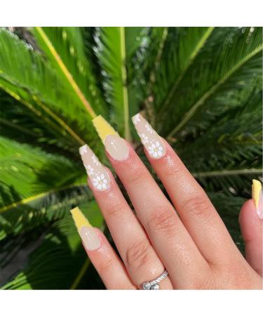 Luvadeyo 24 PCs Yellow White Flower Press-On Nails | Long Summer Ballerina Fake Nails with Glue for Women - Buy Online on SooperMarket.com