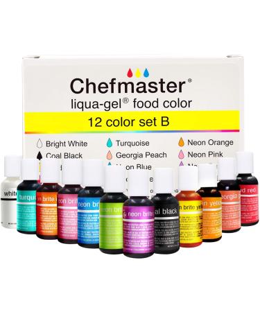 Chefmaster - Liqua-Gel Food Coloring - 12 Color Set B - Fade Resistant Food Coloring - 12 Pack - Vibrant, Eye-Catching Colors, Easy-To-Blend Formula, Fade-Resistant - Made in the USA