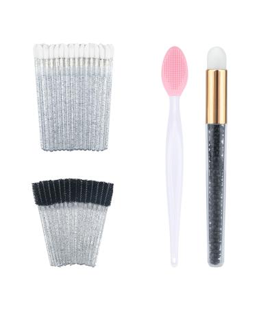 G2PLUS 102PCS Makeup Brush Kit 50Pcs Glitter Crystal Lip Brush 50Pcs Eyelash Brushes 1Pcs Double Sided Silicone Lip Scrub Brush 1Pcs Eyeshadow Brush for Personal Care and Eyelash Extension (Black)