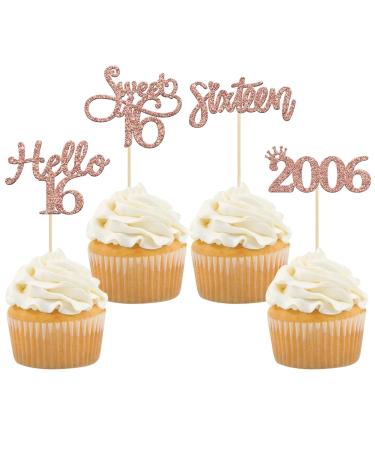 Gyufise 24 Pack Rose Gold Glitter 16th Birthday Cupcake Toppers Hello Sweet 16 Sixteen Since 2006 Cupcake Picks for 16th Birthday Party Cake Decorations Supplies RG 16