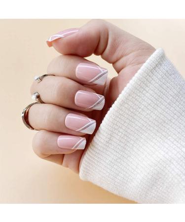 French Short False Nails - Pink Hypotenuse Square Press On Nails for Women & Girls | 24pcs Gift Set for Parties - Buy Online on SooperMarket.com