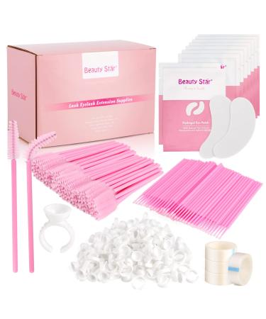 Eyelash Extension Supplies, 4x100 Lash Supplies Kit-Beauty Star 100 Pairs Under Eye Gel Pads, 100 Mascara wands, 100 Micro Applicators Brush, 100 Glue Ring Holder, 4 Lash Tape 404 Piece Set