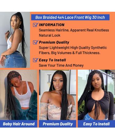 Bilisar Box Braid Wig for Black Women - 30 Inch Hand Braided Synthetic Lace Front Wig with Baby Hair - Lightweight Knotless Cornrow Braids in Natural Black (1B) - Buy Online on SooperMarket.com