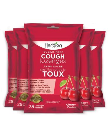Herbion Naturals Sugar-Free Cough Lozenges with Natural Cherry Flavour 25 Lozenges - Relieves Cough and Nasal Congestion Soothes Sore Throat For Adults and Children 12 years and above (Pack of 5 125 Lozenges)