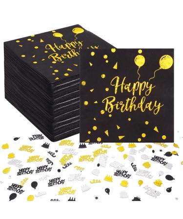 Altcompluser 60 pieces of napkin birthday 33x33cm birthday napkins black gold Happy Birthday napkins with birthday confetti paper napkins napkins for birthday party decoration decoration