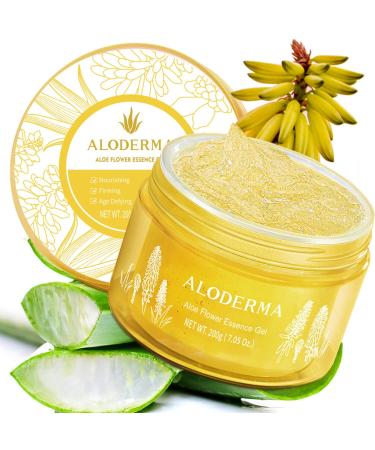Aloderma Age-Defying 24K Gold Leaf Aloe Flower Essence Gel Made within 12 Hours of Harvest - Luxurious Aloe Gel with Allantoin & Hyaluronic Acid for a Glowing Shimmering Youthful Complexion 7oz