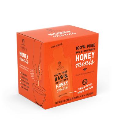 Nature Nate's Raw and Unfiltered Honey Minis Packets Single Serve, 9.8 Oz, 1 box of 20 packets.