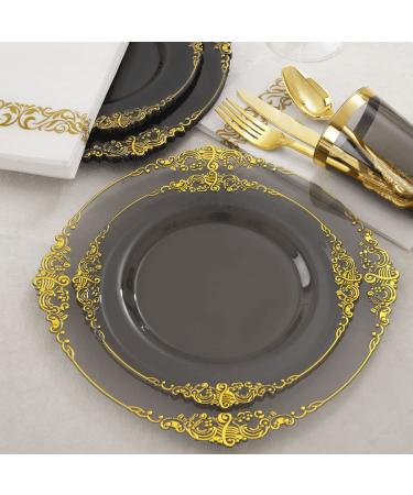 Nervure 175PCS Clear Black & Gold Plastic Plates Set for 25 Guests - Ideal for Parties & Halloween - Buy Online on SooperMarket.com