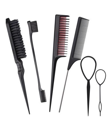 6 Pcs Hair Styling Comb Kit Teasing Comb Brush Set Includes Fluffy Hair Brush Bristle Parting Sleek Double Sided Edge Control Brush Triple Teasing Comb Fine Metal Rat Tail Comb for Man Women Professional Barber (Black)