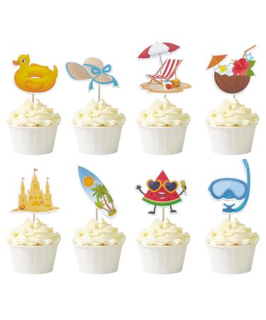 Mulukaya 32Pcs Summer Beach Themed Cupcake Toppers Sun Hat Surfboard Watermelon Goggles Treat Cake Picks for Pool Beach Birthday Hawaii Wedding Graduation Travel Party Decorations