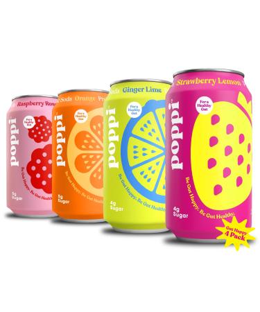 POPPI Sparkling Prebiotic Soda, Starter 4-Pack, w/ Gut Health & Immunity Benefits, Beverages w/ Apple Cider Vinegar, Seltzer Water & Fruit Juice, Low Calorie & Low Sugar Drinks, 12oz (Pack of 4)