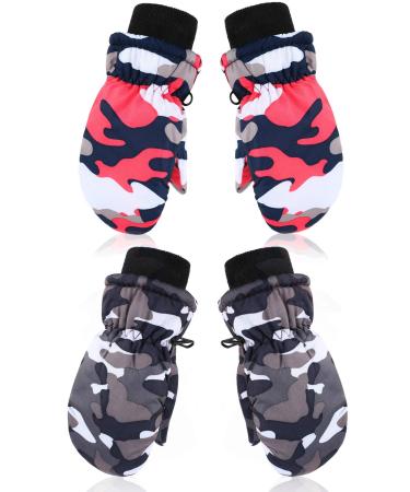 SATINIOR 2 Pairs Winter Kids Snow Mittens Unisex Waterproof Ski Mitten Winter Warm Gloves for Kids Rose Red, Gray 5-10 Years
