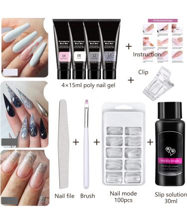 Poly Nail Gel Kit 4 Colors with Slip Solution | Glitter Builder Gel Nail Extension Set for Beginners | French Manicure Gift 4 Colors- Set B - Buy Online on SooperMarket.com