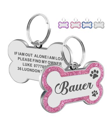 Dog Tags for Pets Engraved UK Personalised ID Tags for Dogs with Any Name & Text Dog Collar Glitter Bone Dog Tag Custom Stainless Steel Dog Name Tag for Puppy Pet Dogs (Pink S Bone)