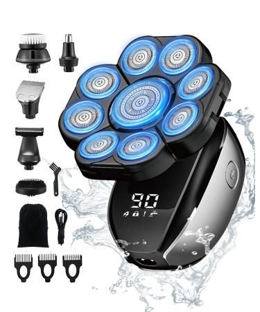 Rantizon Electric Head Shaver for Men 9D Upgraded 6-in-1 Cordless Head Shaver for Bald Men IPX6 Waterproof LCD Display Electric Razor for Men Grooming Kit with Hair Clippers/Beard/Nose Trimmer 9d Black