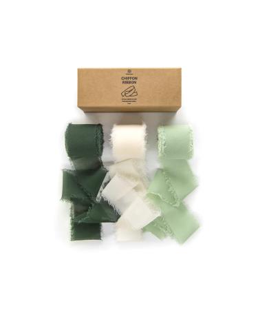 Vitalizart 3 Rolls Handmade Fringe Chiffon Silk Ribbon Gauze 1.5 x 7Yd Cream & Green Ribbons Set for Wedding Invitations  Bridal Bouquets  Gifts Wrapping  DIY Crafts