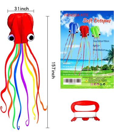 Hengda Kite Pack: 3 Colors Easy Flyer Octopus Kite for Kids - Large 31 Wide with Long Tail - Beach or Park Fun - Red, Green, Blue - Buy Online on SooperMarket.com