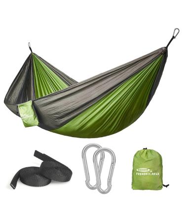 Forbidden Road Camping Hammock Single Hmmocks Parachute Hammock for Outdoor Hiking Travel Backpacking - 210D Nylon Taffeta Hammock Swing - Support 400lbs Ropes Carabiners Included Green / Grey Single