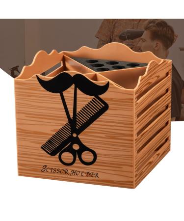 Salon Scissor Shear Holder Box Professional Desktop hairdresser scissors storage keeper with sponge food combers clips stand container for groomers hairdressers rack holder case - brown 4 -grille holder - wood pattern beard brown