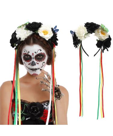 WELROG Halloween Floral Headband Rose Flower Headpiece Day of the Dead Headband Halloween Fancy Dress Costume Accessory (Black-White)