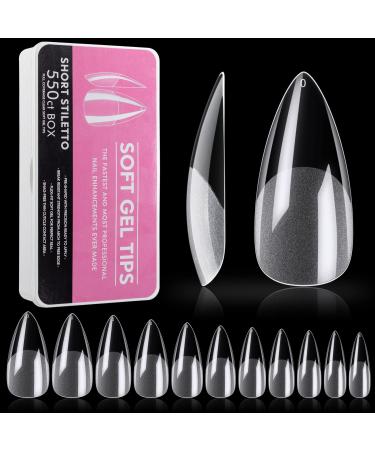 Noverlife 550PCS Full Cover Stiletto Gel Nail Tips, 11 Sizes, Clear Sharp Mountain Peak False Nail Tips Artifical Nail Kit with Box, Half Matte Press on Fake Fingernails for Mani-pedi Nail Art Design Gel Stiletto Shape Tips