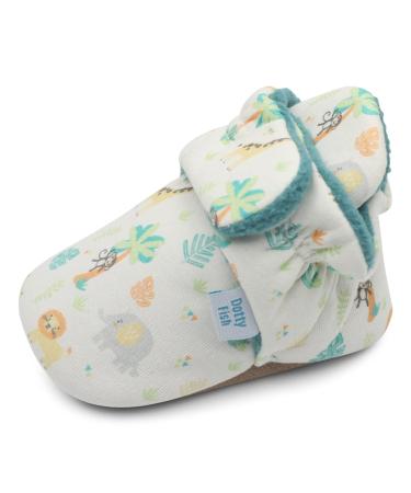 Dotty Fish Cotton Baby Booties with Suede Sole. Warm Fleece Lining. Non-Slip Pram Shoes. Stay On Slippers. From 0-18 months. Boys Girls Unisex. Winter First Shoes. 12-18 Months Teal Fleece With Safari Animals