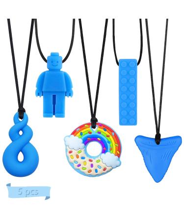 5Pcs Sensory Chew Necklace Blue Teether Chew Toys for Autistic Children Anxiety Biting Needs Silicone Chewy Teether Toy Made of Food Grade Silicone for Kids Teething Oral Motor Chewy