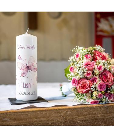 Brilliant Gravure Printed Christening Candle - Personalized Baptism Gift for Girls & Boys - High-Quality 250/80 mm Pink Butterfly Design - Buy Online on SooperMarket.com
