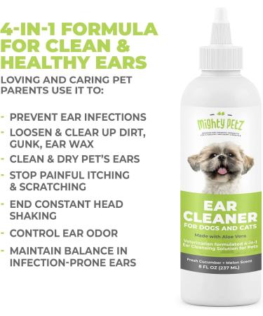 Mighty Petz Dog Ear Cleaner Solution 8 oz - Vet Formulated Gentle Otic Cleaning Drops for Dogs - Supports Infection-Prone Ears, Removes Wax, Debris, & Odor - Cucumber & Melon Scent - Large - Buy Online on SooperMarket.com