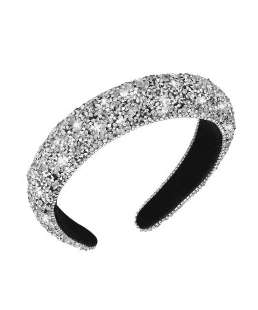 WLLHYF Headband Hairband Black Fashion Sparkling Bling Head Wrap 90s Disco Hair Accessory Crystal Diamond Rhinestone Headwear Valentines Day Easter Birthday Party Gift Women Bridal (Thick Style) Thick Style Silver