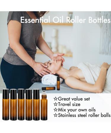 6 Pack Essential Oil Roller Bottles - 10ml Amber Glass with Stainless Steel Rollers | Includes Labels Openers Funnels & Dropper | Perfect for DIY Essential Oils - Buy Online on SooperMarket.com