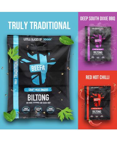 BEEFit Biltong Beef Jerky Variety Pack | 12x30g | Traditional Red Hot Chilli & BBQ Flavors | High Protein | Gluten Free | Keto Friendly - Buy Online on SooperMarket.com