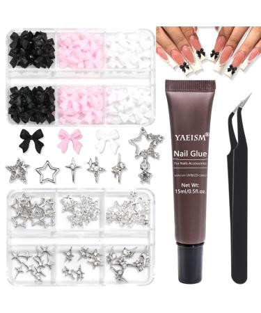 Bow Nail Charms and Star Nail Charms Kit 3 Colors Resin Bows for Nails 6 Types Star Charms Shiny Rhinestones with Glue Gel Tweezer and Pickup Pencil for Nail Art and DIY Crafts Decoration Set 3