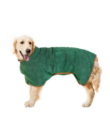 Pejoye Dog Drying Coat Absorbent Dog Bathrobe Towel Microfibre Dog Bath Robe Towel - Fast Drying Pet Dressing Gown Pet Bath Towel with Magic Sticker Collar & Waist Green XL XL Green
