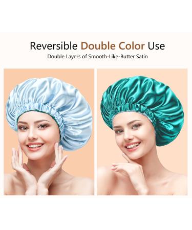 Mikimini Satin Sleep Hood for Long Curly Hair | 2 Pack Green & Light Blue | Double-Layer Silk Hair Caps for Women | Extra Large Stretchy Sleep Caps - Buy Online on SooperMarket.com