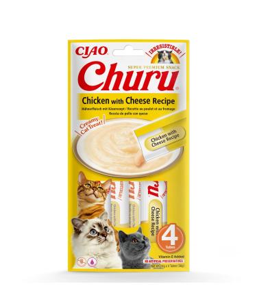 Inaba Churu Puree Katzen -Leckerli - Cat paste to feed from the hand - Delicious cat snacks for licking - cat sticks with chicken and cheese - 1 pack / 4 sticks 14 g (4 pack) cheese & cheese 14 g (4 pack)