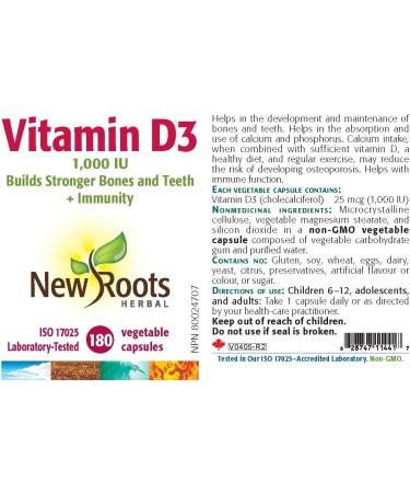 New Roots Herbal - Vitamin D3 1000 IU 180 Capsules - Helps in the Development and Maintenance of Bones and Teeth - Helps to Maintain and Support Immune Function - Buy Online on SooperMarket.com