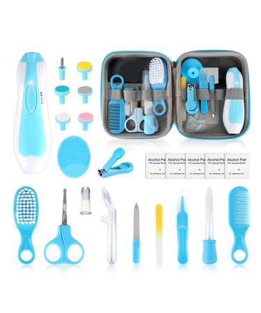 Baby Grooming Kit - 26 in 1 Nursery Essentials Baby Registry Shower Gift for Newborns Infants Toddlers Boys Girls Kids-Safety Baby Comb Brush Finger Toothbrush Nail Clippers Scissors(Blue)